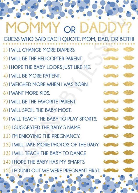 Mommy Or Daddy Printable Baby Shower Game Blue And Gold Baby Shower