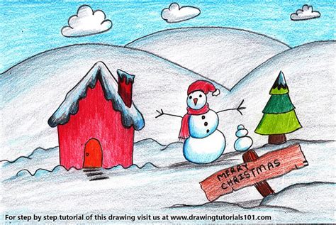 Christmas Snowman Scene Colored Pencils Drawing Christmas Snowman
