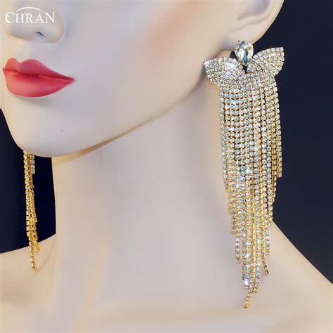Chran Gold Color Fashion Statement Rhinestone Wedding Jewelry Tassel