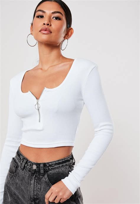 Missguided White Long Sleeve Scoop Neck Zip Front Rib Crop Top In
