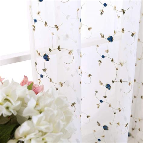 Floral Sheer Curtains Embroidered For Girls Room Rose Buds Retro Voile