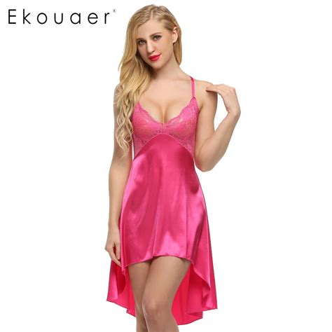 Ekouaer Ladies Sexy Satin Night Dress Lace Women Sleepwear Sleeveless Nighties V Neck Nightdress