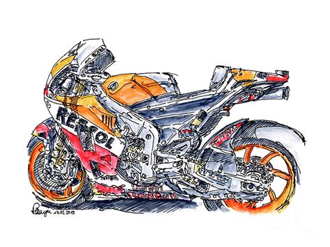 Repsol Honda Rc213v Moto Gp 2017 Motorcycle Ink Drawing And Wate