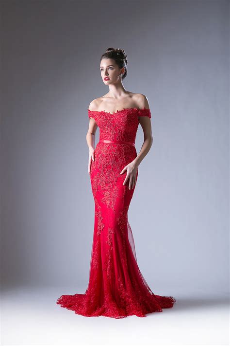 Off Shoulder Red Lace Evening Gown