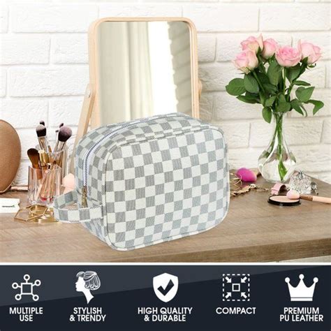 Luxouria Leather Checkered Makeup Bag White New Luxury Make Up Bag