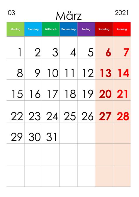 Kalender März 2021 Grosse Ziffern Im Hochformat Kalendersu