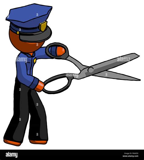 Orange Police Man Holding Giant Scissors Cutting Out Something Stock