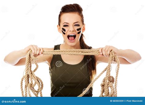Young Screaming Soldier Woman Tugging A Rope Stock Image Image Of