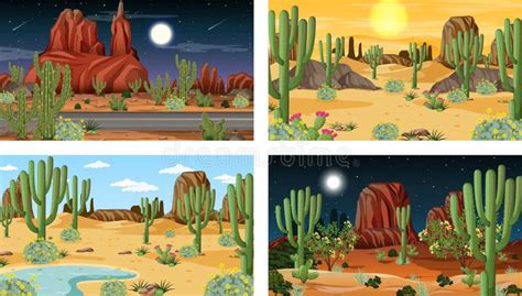Different Desert Forest Landscape Scenes With Various Desert Plants