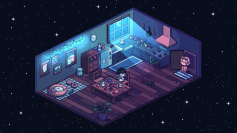 Pixel Art Cozy Night Indoors Interior Home Design Isometric