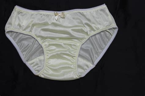 Pale Yellow Nylon Tricot Brief Panties With Large Mushroom Double Gusset