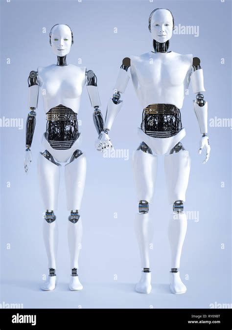 3d Rendering Of A Male And A Female Robot Standing Beside Each Other
