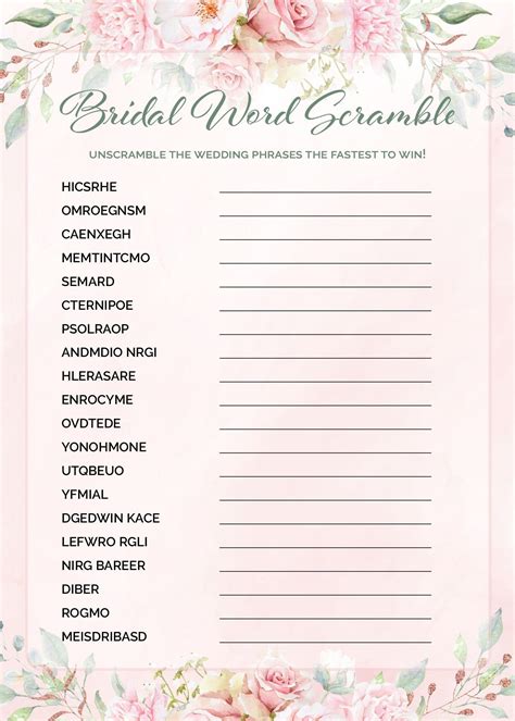 Bridal Word Scramble Pink Floral Bridal Shower Games Celebrate Life