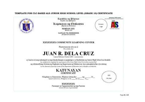 Deped Als Certificate Of Completion Template For Clc And School Based