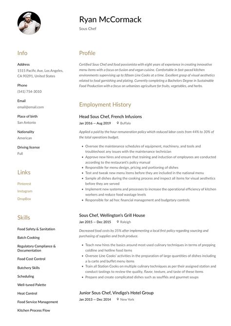 Modern Sous Chef Resume Template Design Tips Examples Free