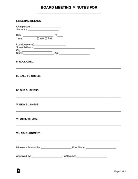 Printable Nonprofit Board Meeting Minutes Template