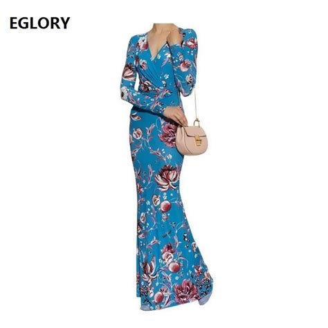 Sexy Deep V Neck Long Dress 2018 Spring Summer Bodycon Women Blue Floral Print Long Sleeve