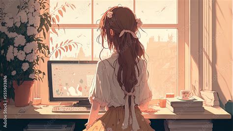Anime Girl Working At Her Desk Cute Drawing Of A Young Woman Sitting
