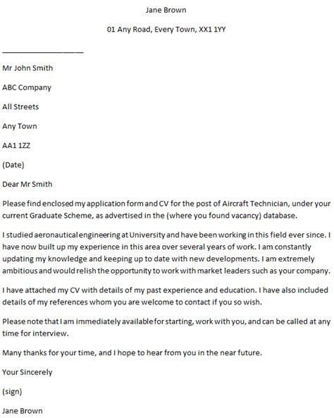 Aircraft Technician Cover Letter Example