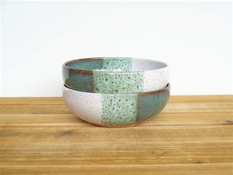 Soup Bowls In Sea Mist And White Glazes Stoneware Pottery Rustic