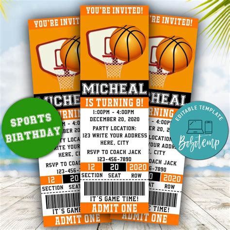 Editable Basketball Birthday Ticket Invitations Instant Download