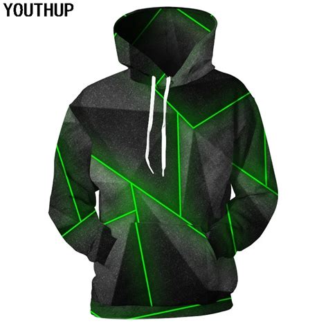 Youthup 2018 Men 3d Hoodies Green Line Geometry 3d Print Hooded