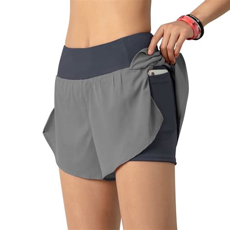 women running shorts 2 in 1 with pocket wide waistband coverage layer compression liner lounging