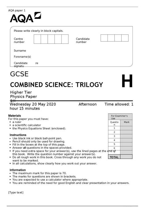 Gcse Combined Science Trilogy Higher Tier Physics Paper 1 2020 Physics