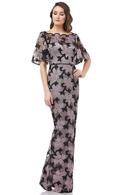 Js Collections 866941 Floral Embroidered Illusion Bateau Long Dress In