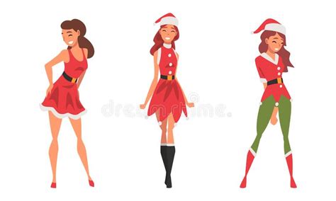 pretty woman wearing red santa claus costume standing with beaming smile on her face vector set