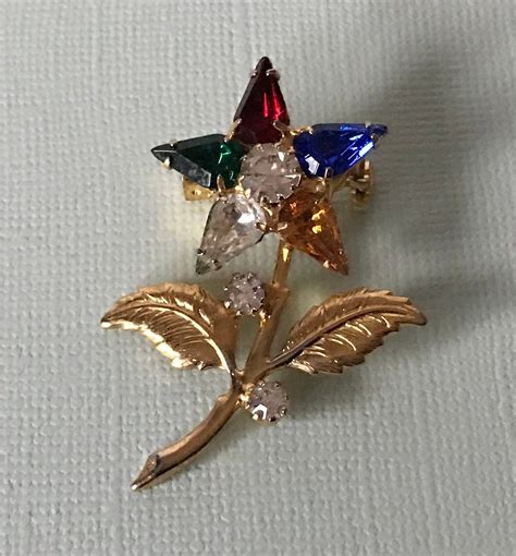 Vintage Rare Order Of The Eastern Star Flower Pin Rhinestone Etsy