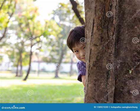 Handsome Boy Hiding Behind Tree For Playing Hide And Seek With Friend