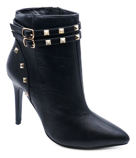 Ladies Black Stud Zip Up Stiletto Rock Chick Ankle Calf Boots Shoes