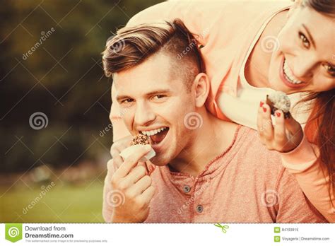 Lovely Couple Eating Cupcakes Stock Image Image Of Picnic Cheerful 84193915