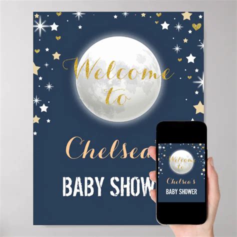 Twinkle Star Navy Gold Moon Baby Shower Welcome Poster Zazzle
