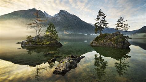 Landscape Nature Lake Clear Water Reflection Rocks Trees Mountains Mist