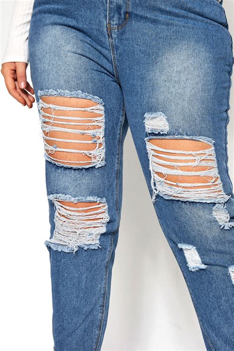 Blue Extreme Ripped Mom Jeans Yours Clothing