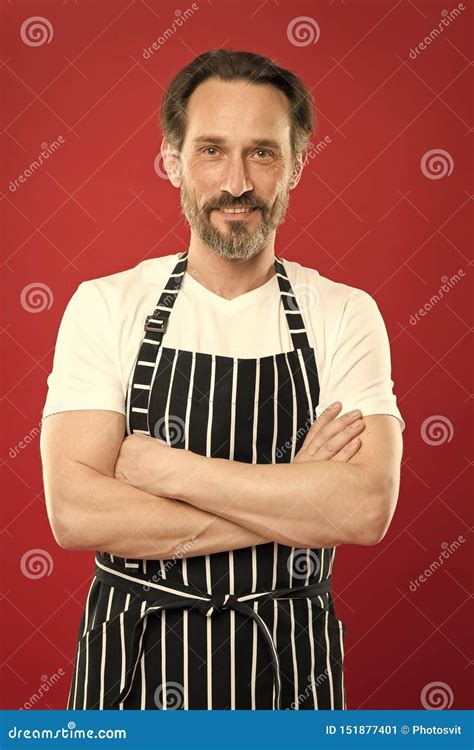 Keeping Arms Crossed With Confidence Bearded Mature Man In Striped Apron Senior Cook Wear Bib