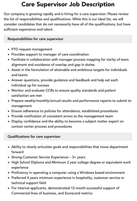 Care Supervisor Job Description Velvet Jobs