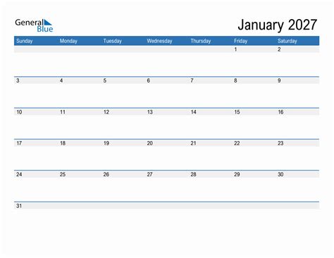 January 2027 Monthly Calendar Pdf Word Excel
