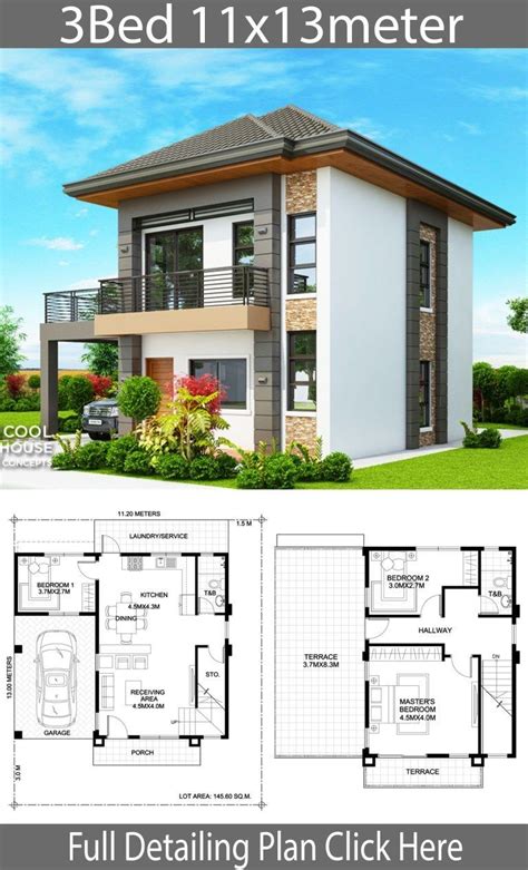 Click the image for larger image size and more details. Home design plan 11x13m with 3 Bedrooms - Home Design with ...