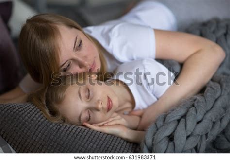 Mum Embraces Sleeping Daughter Teenager Tenderness Stock Photo