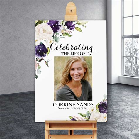 Funeral Poster Printable Template With Purple And White Roses