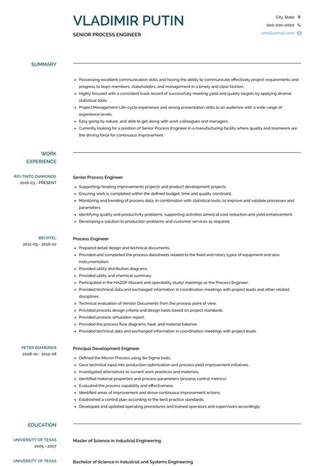 To land a job as an engineering technician, you need a cv that separates you from the competition. Process Engineer Resume Samples: #1 Resource for Templates & Skills | VisualCV