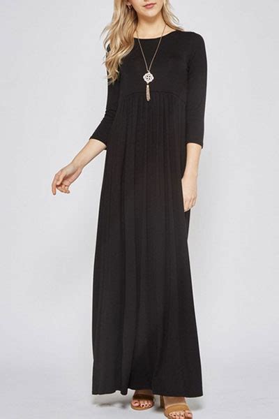 Solid Jersey Long 34 Sleeve Ruched Maxi Dress Black