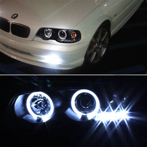 H7 low beam (not included), h1 high beam (included). 00-03 BMW E46 3-Series / 01-06 M3 Angel Eye Halo & LED Projector Headlights - Black