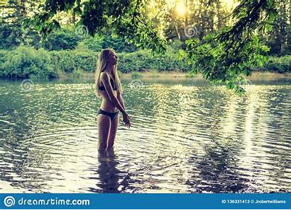Bikini Teen Young Wearing River Standing Shallow