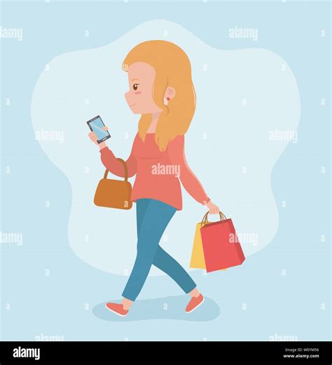 Beautiful Woman Walking Using Smartphone Vector Illustration Design