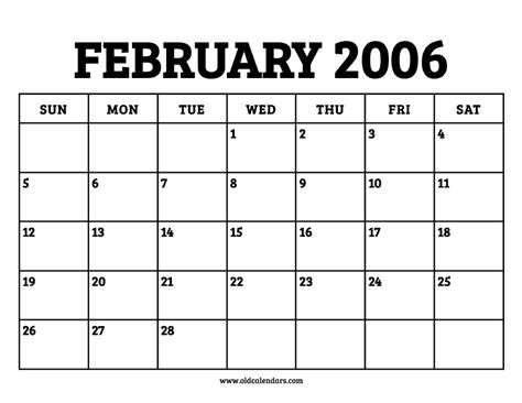 Calendar February 2006 Printable Old Calendars