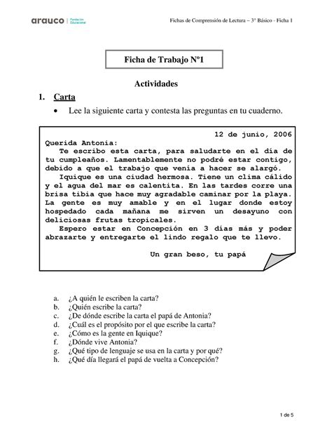 Fichas Comprensión Lectora 3 básico Actividades 1 Carta Lee la